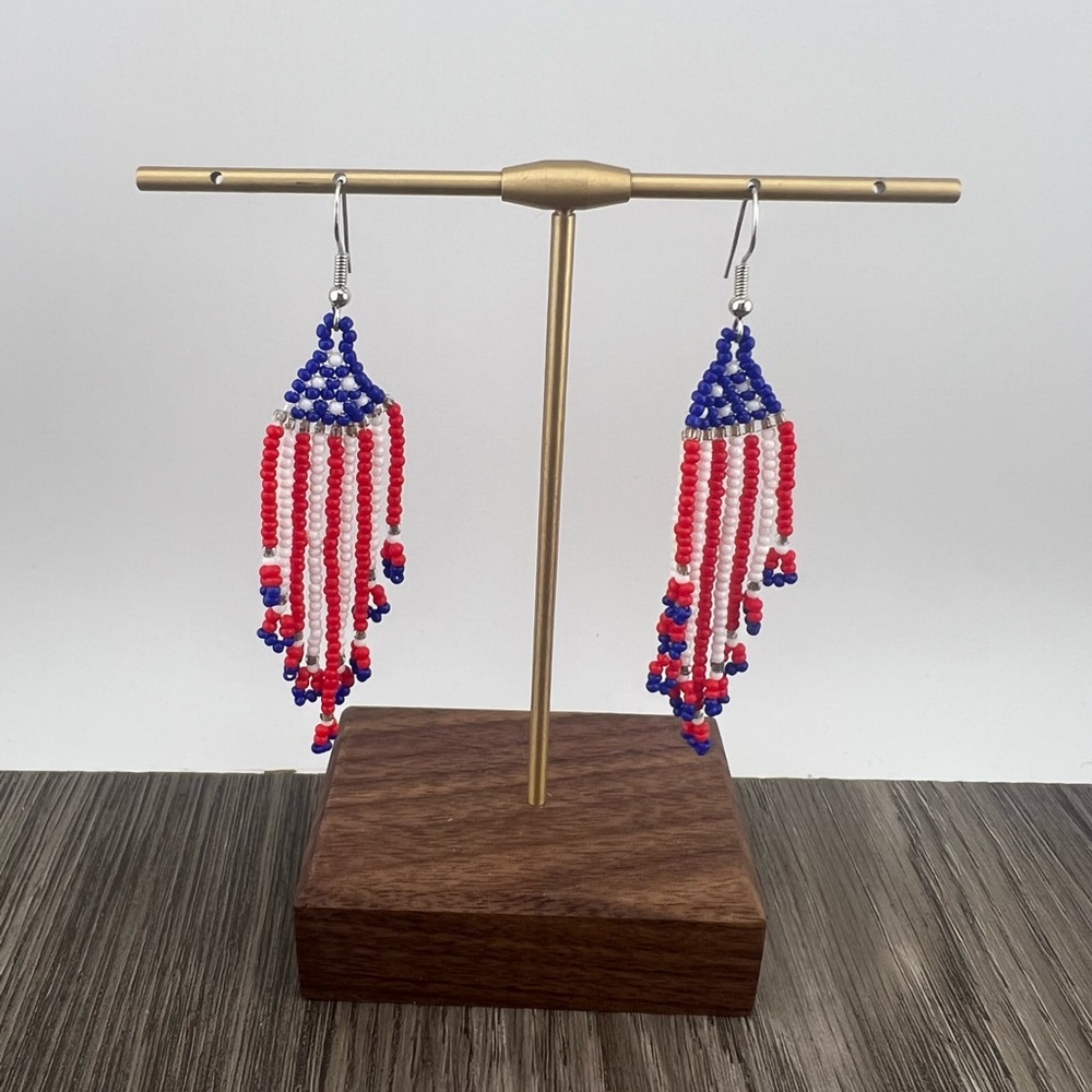 Beaded Red and Blue Dangle Earrings